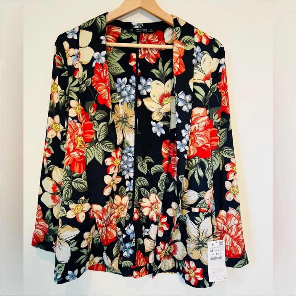 Zara Black Floral Print Open Blazer with option Tie Belt